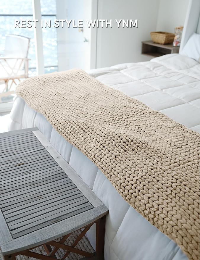 YnM Chunky Throw Blanket, Medium-Weight, Hand Knitted, Skin Friendly, Ventilated and Breathable, Machine Washable, Home Décor Piece for Couch, Sofa and Bed (Beige, 50x70 Inch)