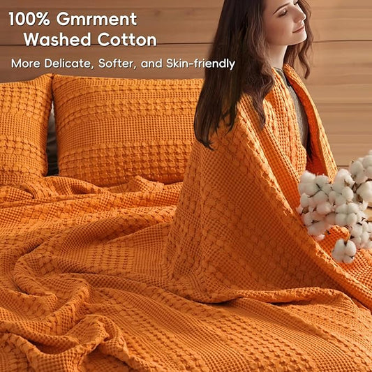 PHF 100% Cotton Waffle Weave Blanket King Size, Soft Lightweight Breathable Cozy Summer Blankets for Bed, Luxury Aesthetic Woven Bedding for Home Decor, 108"x90", Marmalade