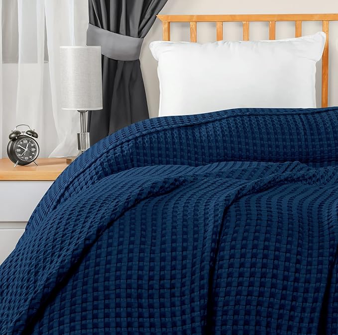 Utopia Bedding Navy 100% Cotton Waffle Blanket 300 GSM [Big - 120x120 Inch] Soft Lightweight Breathable Bed Blanket for All Season