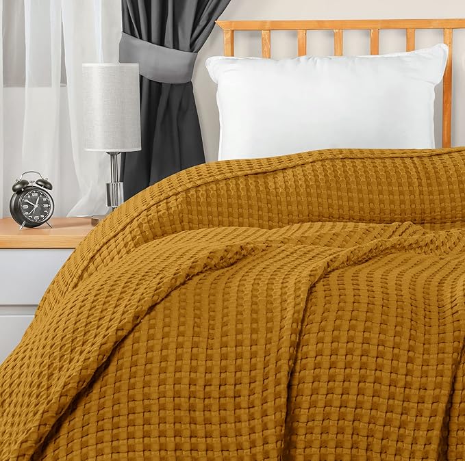 Utopia Bedding Mustard 100% Cotton Waffle Blanket 300 GSM [Queen - 90x90 Inch] Soft Lightweight Breathable Bed Blanket for All Season