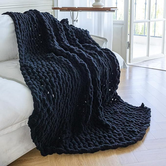 Chunky Knit Blanket - Luxury Soft Cozy Queen Size(50 * 60) Throw Blanket,100% Woven Blanket Rope Knot Throw Blanket for Couch, Sofa, Home Decor, Gift - Machine Washable（Black）