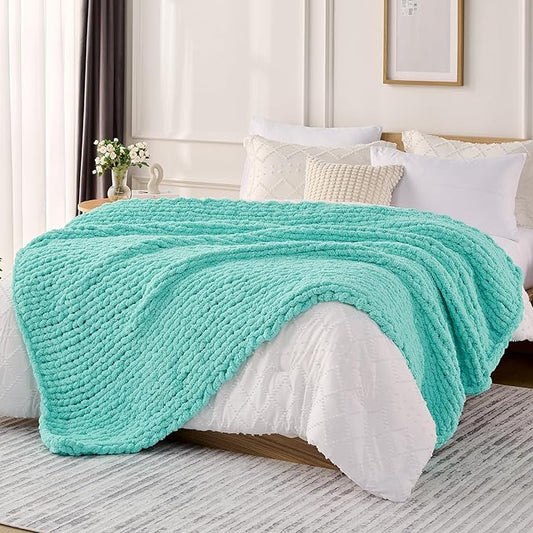 L'AGRATY Chunky Knit Blanket Throw: 60''x80'' Chenille Chunky Knitted Throw Blanket for Bed Couch - Handmade Thick Big Cable Knit Blanket - Large Crochet Rope Blanket for Home Decor(Lake Blue)