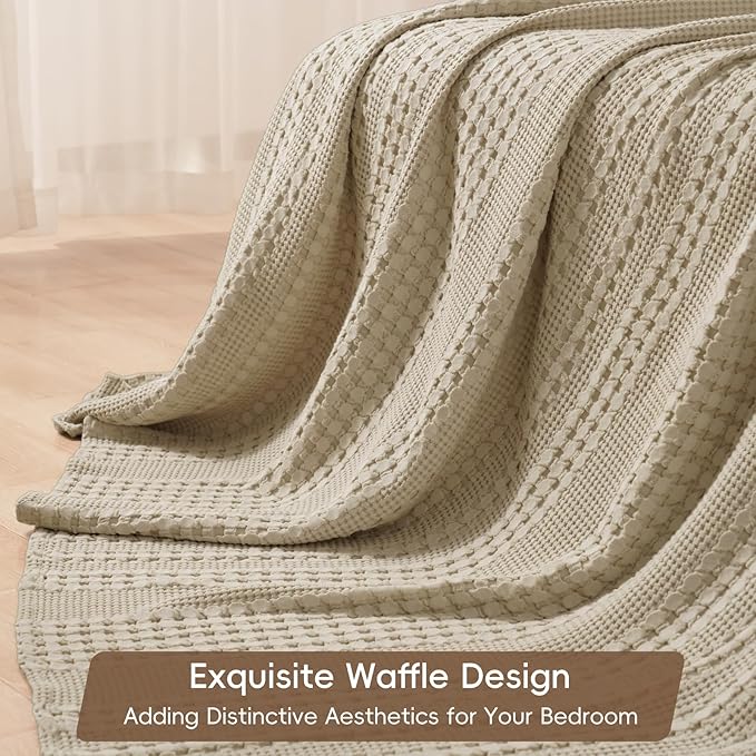 PHF 100% Cotton Waffle Weave Blanket Queen Size, Soft Lightweight Breathable Cozy Summer Blankets for Bed, Luxury Aesthetic Woven Bedding for Home Decor, 90"x90", Khaki