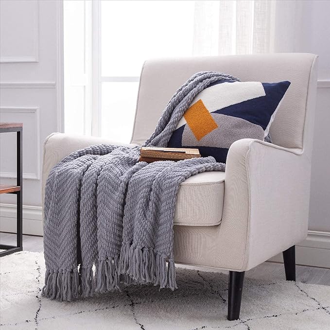 Bedsure Throw Blankets for Couch - Textured Chunky Knit Woven Chenille Blanket - Super Soft, Warm Decorative Boho Throw with Tassels for Bed, Sofa and Living Room Decor, Grey, 60x80 Inches