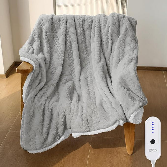 ESTINGO Faux Fur Electric Throw Blanket, Luxury Furry Throw Heated Blanket, 3D Leaf-Patterned Thick Rabbit Fux Fluffy Heating Blanket with 5 Heating Levels & 4 Hours Auto Off, 50" x 60" Light Gray