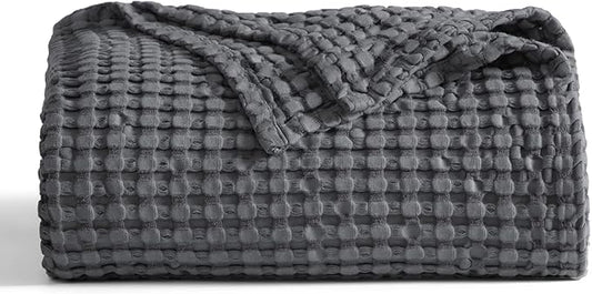 Bedsure Cooling Cotton Waffle Full Size Blanket - Lightweight Breathable Blanket of Rayon Derived from Bamboo for Hot Sleepers, Luxury Throws for Bed, Couch and Sofa, Dark Grey, 80x90 Inches