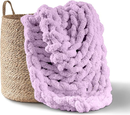 Adyrescia Chunky Knit Blanket Throw | 100% Hand Knit with Jumbo Chenille Yarn (50"x60", Pale Purple)