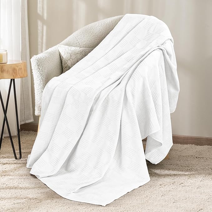 Utopia Bedding White 100% Cotton Blanket [Throw Size - 60x50 Inch] 350GSM Lightweight, Soft and Breathable Thermal Blanket for All Seasons