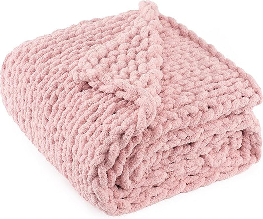 Chunky Knit Throw Blanket 50"X 60", 100% Handmade with Soft Chenille Yarn, 4.4lbs Thick Cable Knitted Blankets, Large Rope Knot Crochet Throws for Couch Sofa Bed Home Decor, Dusty Pink