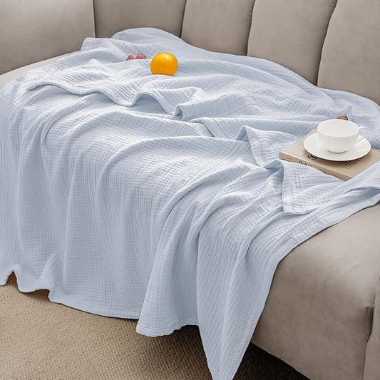 PHF 100% Cotton Muslin Blanket King Size 108" x 90", 4-Layer Lightweight and Breathable Blanket for Summer, Luxuriously Soft Gauze Bedding for Bed, Natural Minimalism Style, Ideal Gift, Ancient Water