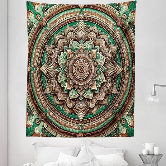 Ambesonne Green Tapestry Twin Size, Psychedelic Style Symmetrical Ethnic Design Bicolor Folk Mandala Illustration, Wall Hanging Bedspread Bed Cover Wall Decor, 68" X 88", Chestnut Brown