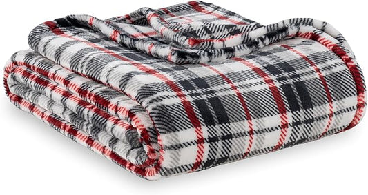 Berkshire Blanket-Classic Heavyweight Soft Printed VelvetLoft® Plush Blanket, Full/Queen Size Soft Fuzzy Warm Blanket for Couch Sofa Bed, Plaid Black Red, 90in x 90in