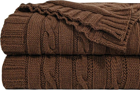 NTBAY 100% Pure Cotton Oversize (60x80) Cable Knit Throw Blanket, Super Soft Warm Knitted Throw Blanket for Bed, Sofa, Chair, Couch - Extra Cozy, Machine Washable, Comfortable Home Decor, Brown