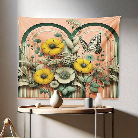 Ambesonne Boho Tapestry, Springtime Greenery with Boho Vibes Moth on Coral Tone Back Curving Stripes, Fabric Wall Hanging Decor for Bedroom Living Room Dorm, 28" X 23", Salmon Reseda Green