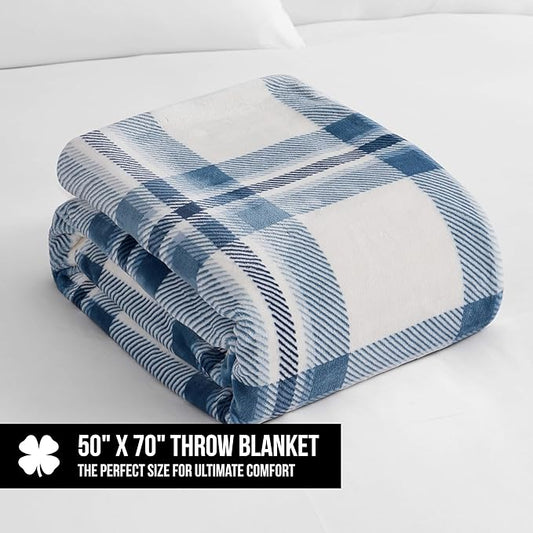 Lucky Brand Sherpa Plaid Ivory/Blue 50"X70" Cozy Plush Blanket - Premium Microfiber Throw for Luxurious Comfort and Style