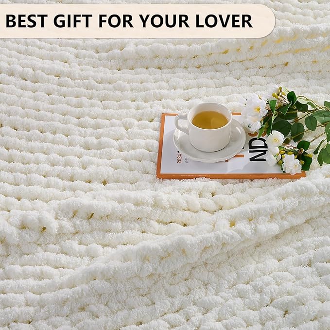 L'AGRATY Chunky Knit Blanket Throw: 72''x84'' Chenille Chunky Knitted Throw Blanket for Bed Couch - Handmade Thick Big Cable Knit Blanket - Large Chunky Crochet Blanket for Home Decor(Cream White)