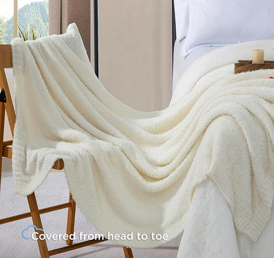 Knit Throw Blanket for Couch - Super Soft Bed Blanket， Fluffy Fuzzy Plush Lightweight Cozy Blankets for Sofa ，Cream，50" x 60"