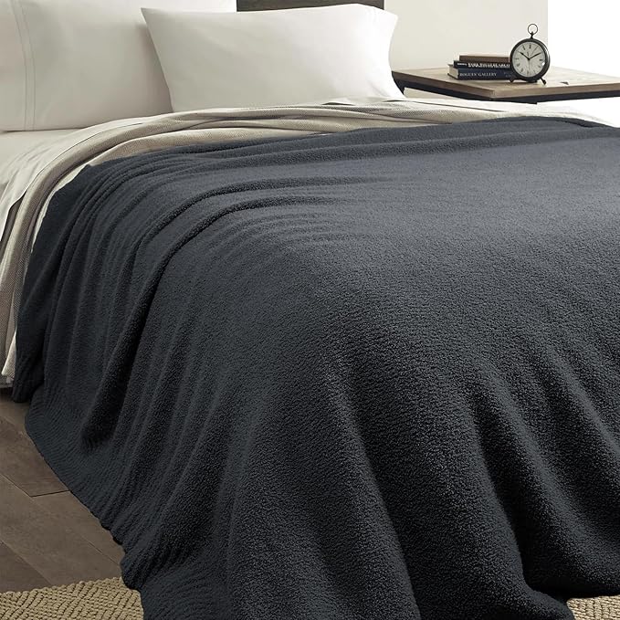 JOOJA Cream White Blanket Warm Queen Size Fuzzy Knitted Blanket, Oversized Luxury Bed Blankets, Soft Queen Blanket for Bed, Lightweight Plush Blanket for Cozy Nights (Charcoal Grey, 90x90)