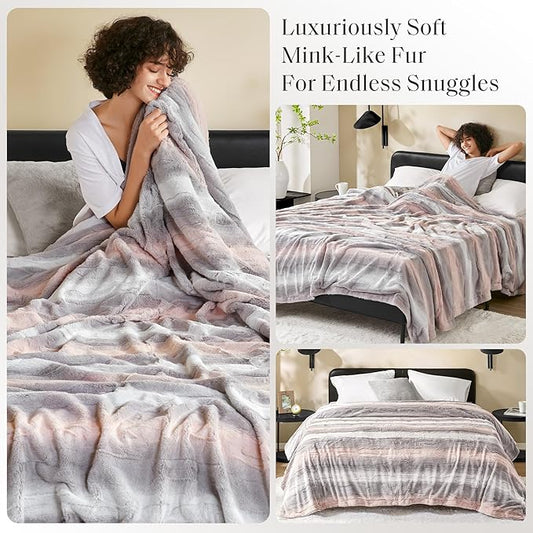 Madison Park Ultra-Soft Poly Fur Reversible Plush Blanket - All Season & Lightweight, Twin/Twin XL Blush/Grey