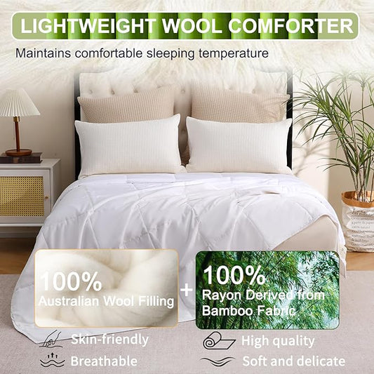 YOUR MOON Luxurious Lightweight Wool Comforter Twin Size, Lightweight Summer Comforter/Duvet Insert, 100% Natural Australian Wool Filled, Jacquard Rayon Derived from Bamboo Shell(White)