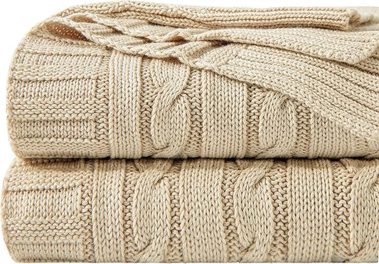 NTBAY 100% Pure Cotton Oversize (60x80) Cable Knit Throw Blanket, Super Soft Warm Knitted Throw Blanket for Bed, Sofa, Chair, Couch - Extra Cozy, Machine Washable, Comfortable Home Decor, Khaki