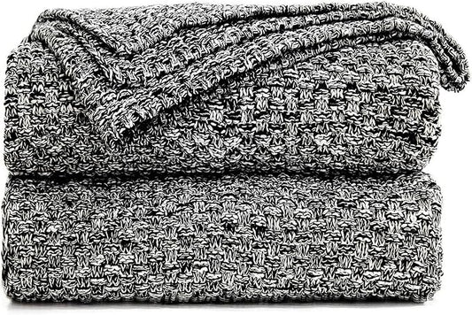 Longhui bedding Black Knitted Throw Blanket for Couch, Soft, Cozy Machine Washable 100% Cotton Sofa Blanket, Heavy 2.5lb Weight, Laundry Bag Included, Black and White
