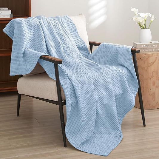 PHF Pre-Washed Cotton Waffle Weave Blanket Throw Size for Couch Bed,Snag Proof Spring Summer Lightweight Breathable,Oeko-TEX Certified,Machine Washable, Home Decor Gift，Sky Blue/Baby Blue