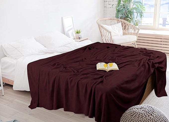 Utopia Bedding Burgundy 100% Cotton Blanket [Twin Size - 90x72 Inch] 350GSM Lightweight, Soft and Breathable Thermal Blanket for All Seasons