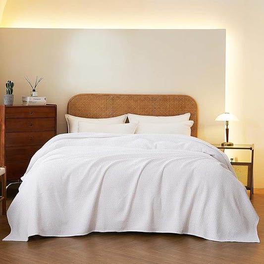 100% Cotton Waffle Blanket (White - Twin Size - 66 * 90''), Pre-Washed and Anti-Shrinkage Soft Lightweight Bed & Couch Blanket, 380 GSM Waffle Weave Throw Blanket for All Seasons