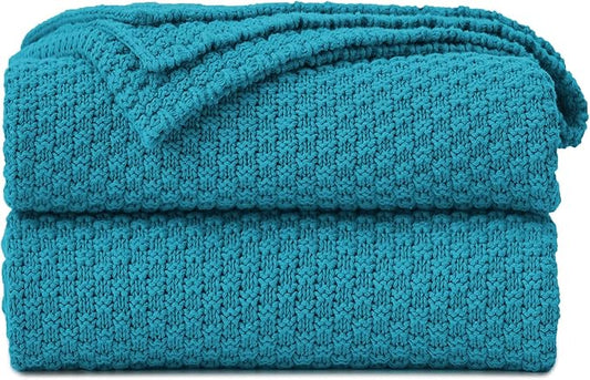Longhui bedding Teal Knitted Throw Blanket for Couch, Soft, Cozy Machine Washable 100% Cotton Sofa Knit Blankets, Heavy 4.0lb Weight, 60 x 80 Inches, Teal Color.