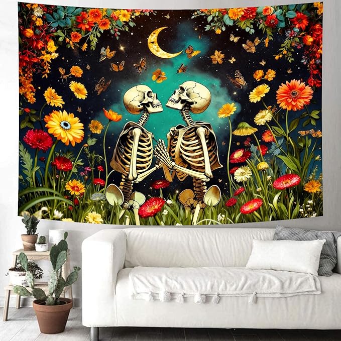 Delur Floral Skeleton Lovers Tapestry Gothic Romantic Skull Vintage Flower Plant Tapestry Wall Hanging Abstract Mushroom Moon Garden Headboard for Bedroom Living Room Home Decor (70.8" x 92.5")