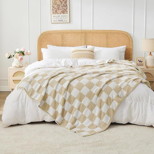 JOOJA Soft Cozy Checkerboard Beige Bed Blanket Fluffy Knit Throw Blanket Queen Size Plaid Checkered 90x90 in