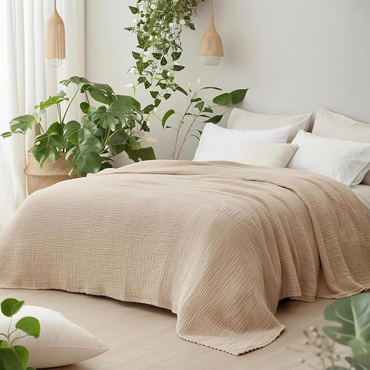 100% Cotton Muslin Blanket Queen 90" x 90", 6 Layers Breathable and Lightweight Cotton Throw Blanket for Bed, Soft Quilt Bedspread Coverlet, Gauze Blanket for Adults All Season, Beige Linen, Oatmeal