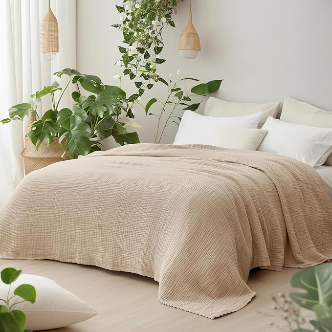 100% Cotton Muslin Blanket Queen 90" x 90", 6 Layers Breathable and Lightweight Cotton Throw Blanket for Bed, Soft Quilt Bedspread Coverlet, Gauze Blanket for Adults All Season, Beige Linen, Oatmeal