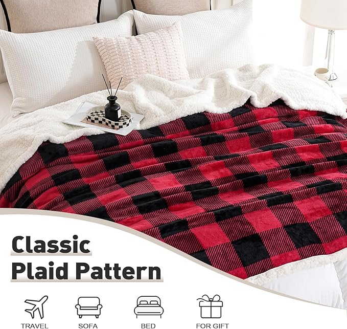PU MEI Sherpa Fleece Throw Blanket 60" x 80" Reversible Plush Fluffy Large Big Blanket Lattice Flannel Blankets for All Season Use, Red and Black
