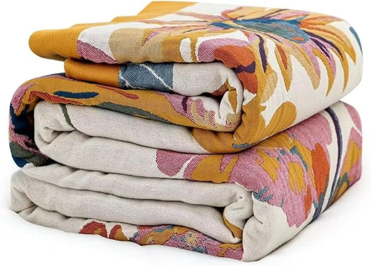 Summer Boho Throw Blankets for Bed 90"x98",100% Cotton Blanktes for Bed Lightweight Ultra Soft Cotton Quilts Knitted Travel Muslin Farmhouse Cozy Blanket