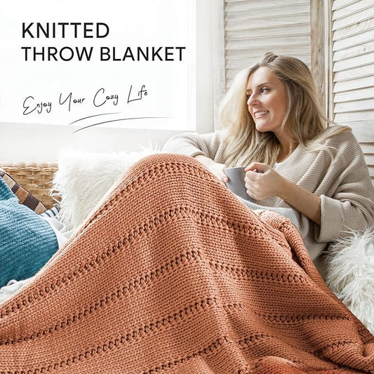 RECYCO Cable Knit Burnt Orange Throw Blanket Twin Size for Couch, Super Soft Warm Cozy Decorative Knitted Throw Blanket 3.6LB for Bed, Sofa, Chair Large 60"x80"