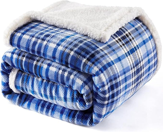 Touchat Sherpa Plaid Throw Blanket(60" X 70", Plaid Blue), Fuzzy Fluffy Cozy Soft Blanket, Fleece Flannel Plush Twin Size Microfiber Blanket for Couch Bed Sofa