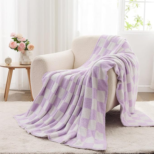 JOOJA Soft Cozy Checkerboard Lilac Blanket Fluffy Knit Throw Blanket for Couch Plaid Checkered Blanket Lilac 50x60 in