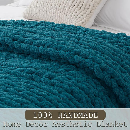 Chunky Knit Throw Blanket 50"X 60", 100% Handmade with Soft Chenille Yarn, 4.4lbs Thick Cable Knitted Blankets, Large Rope Knot Crochet Throws for Couch Sofa Bed Home Decor, Teal