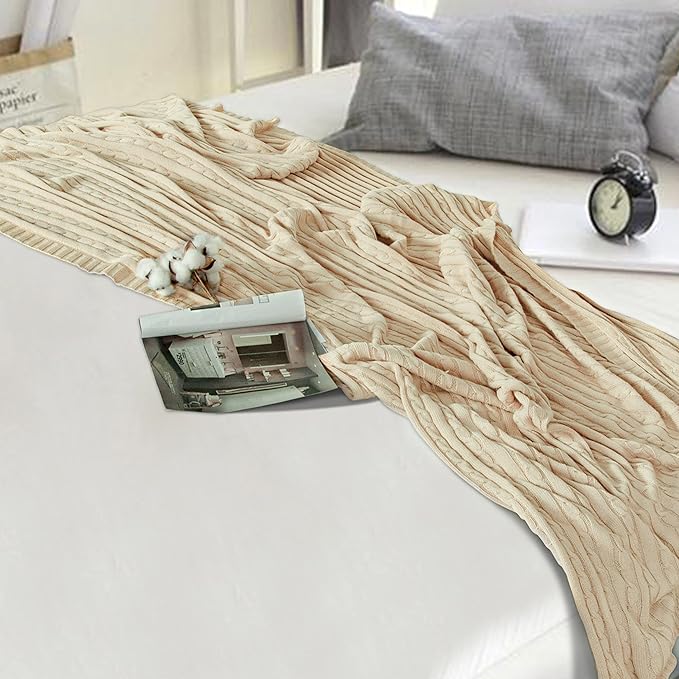 NTBAY 100% Pure Cotton Oversize (60x80) Cable Knit Throw Blanket, Super Soft Warm Knitted Throw Blanket for Bed, Sofa, Chair, Couch - Extra Cozy, Machine Washable, Comfortable Home Decor, Khaki