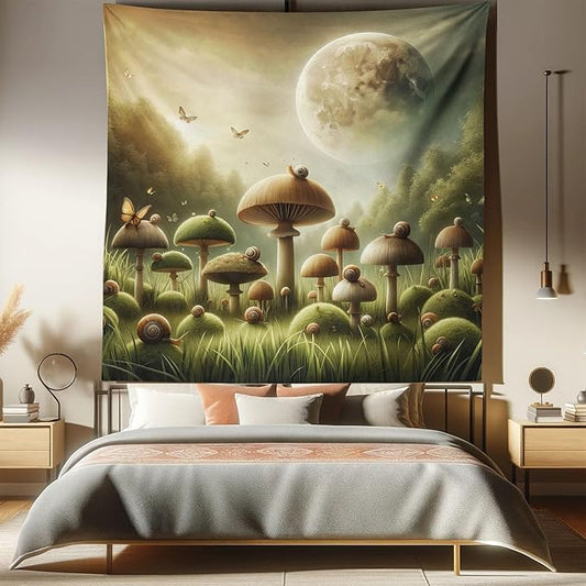 Ambesonne Mushroom Tapestry Queen Size, Dreamy Space Aura Fantasy Meadow Illustration Featuring Moon and Woods, Wall Hanging Bedspread Bed Cover Wall Decor, 88" X 88", Reseda Green and Khaki