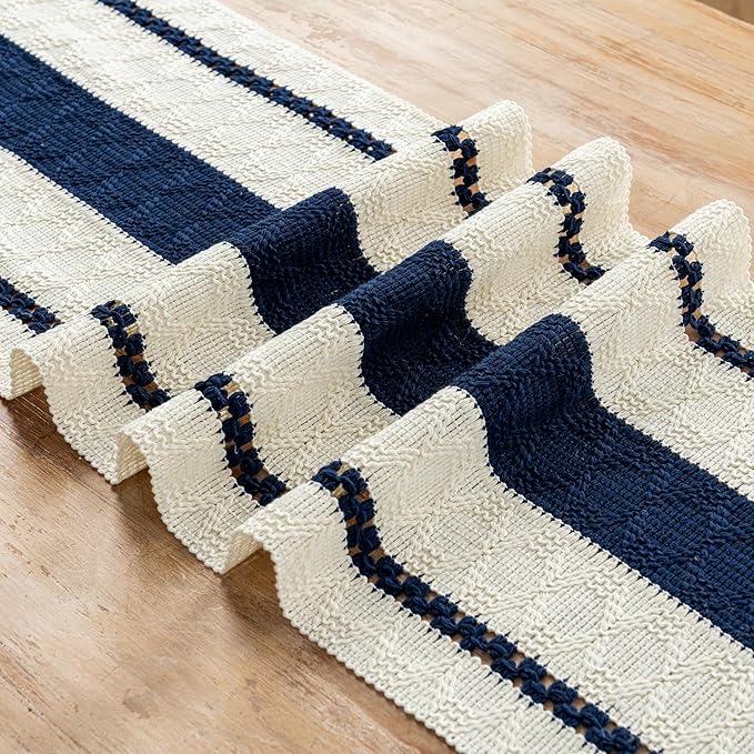 Fancy Homi Navy Blue Table Runner 48 Inches Long Boho Macrame Table Runner for Home Decor, Farmhouse Table Runners with Tassels for Party Bohemian Rustic Bridal Shower Dining Decor 12x48 Inches