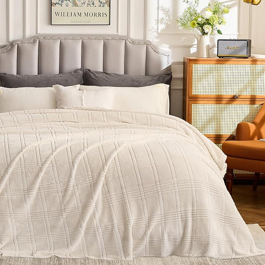 Oversized King Fleece Blanket 120x120 Inches, Seamless Soft Cozy 3D Jacquard Flannel Blanket 10'x10' Extra Large for Bed, Sofa, Couch, Travel & Camping, California King Throw, Beige