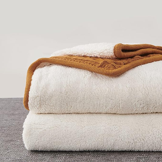 Longhui bedding Burnt Orange 50 x 63 Inches Acrylic Cable Knit Sherpa Throw Blanket - Thick, Soft, Big, Cozy Knitted Fleece Blankets for Couch, Sofa, Bed - Large Coverlet All Season