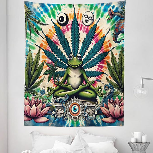 Ambesonne Trippy Tapestry Twin Size, Jumble Composition of Frog Featuring Tie Dye Effect Esoteric Floral Eyes, Wall Hanging Bedspread Bed Cover Wall Decor, 68" X 88", Multicolor Fern Green