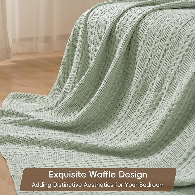 PHF 100% Cotton Waffle Weave Blanket Queen Size, Soft Lightweight Breathable Cozy Summer Blankets for Bed, Luxury Aesthetic Woven Bedding for Home Decor, 90"x90", Sage Green