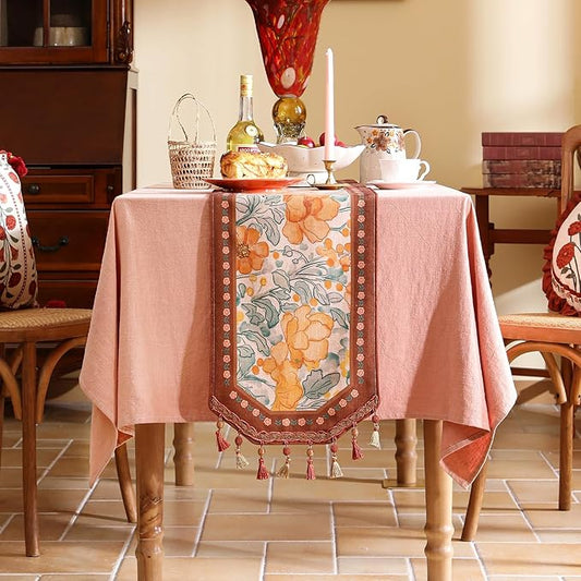 Designer Vintage Orange Floral Small Table Runner,French Farmhouse Soft Linen Coffee Table Runners 63 Inches Long,Decor Tabletop for Kitchen,Dining,Party,Home,Christmas,12"*63"
