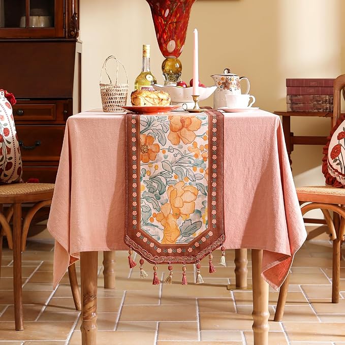 Designer Vintage Floral Printed Table Runner,French Soft Linen Farmhouse Table Runners 87 Inches Long,Italian Decor Tabletop for Kitchen,Dining,Party,Home,Christmas,12"*87"