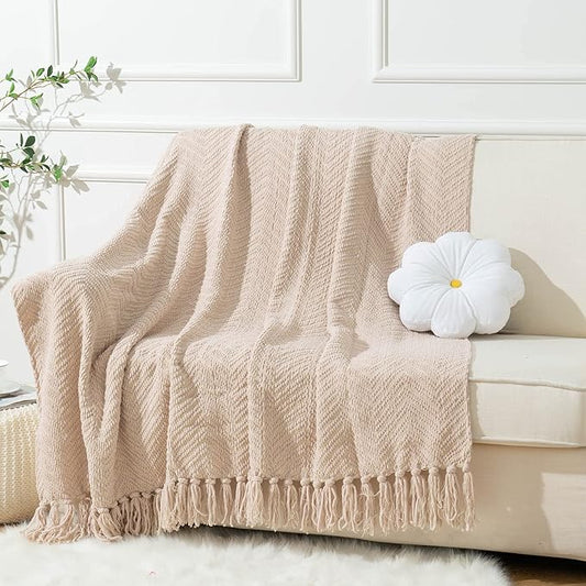 BATTILO HOME Beige Throw Blankets for Couch, Knitted Tan Throw Blanket for Twin Bed, Super Soft Warm Large Throws for Home Decor, 60" x 80"
